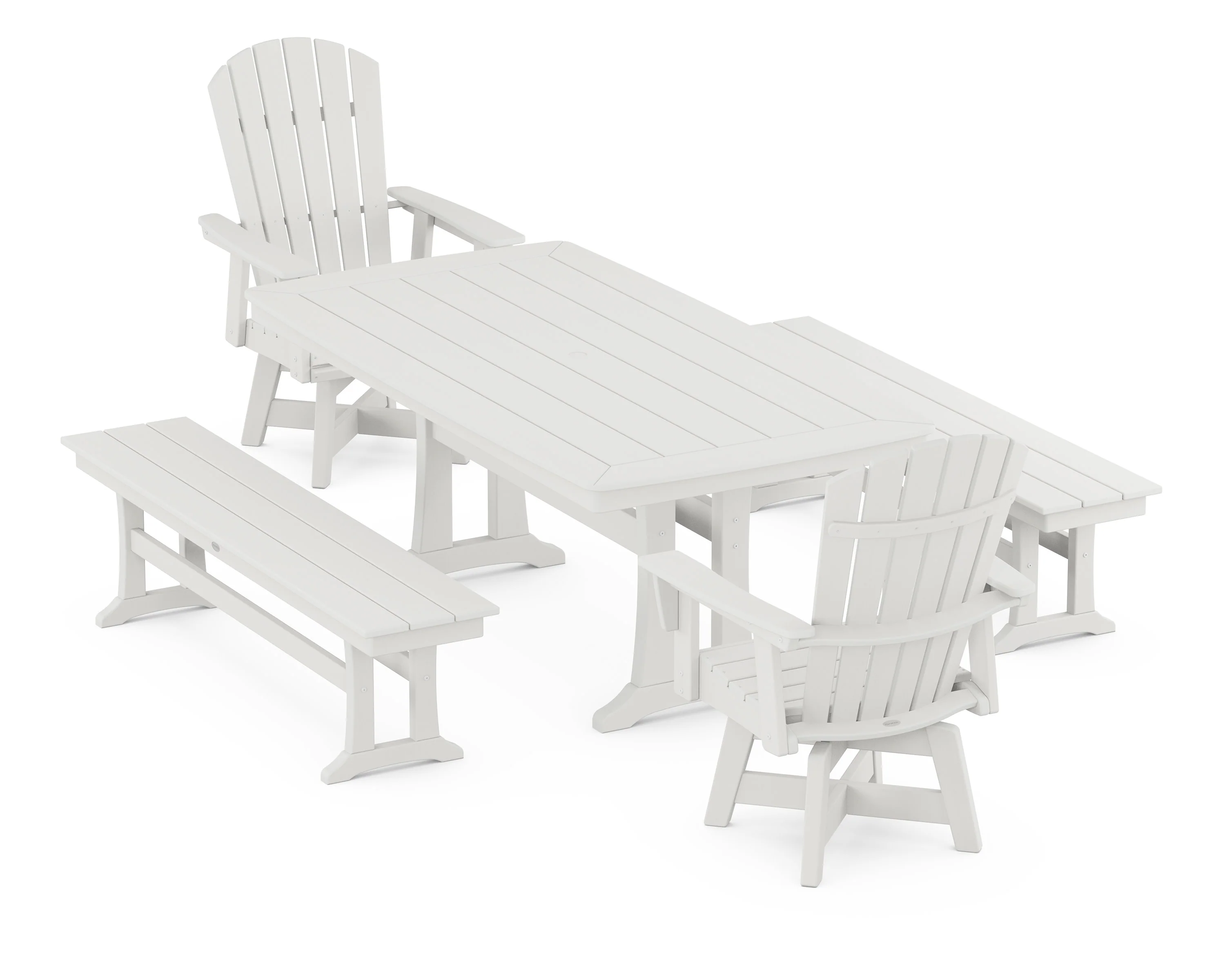 Nautical Curveback Adirondack Swivel Chair 5-Piece Dining Set with Trestle Legs and Benches - Image 10
