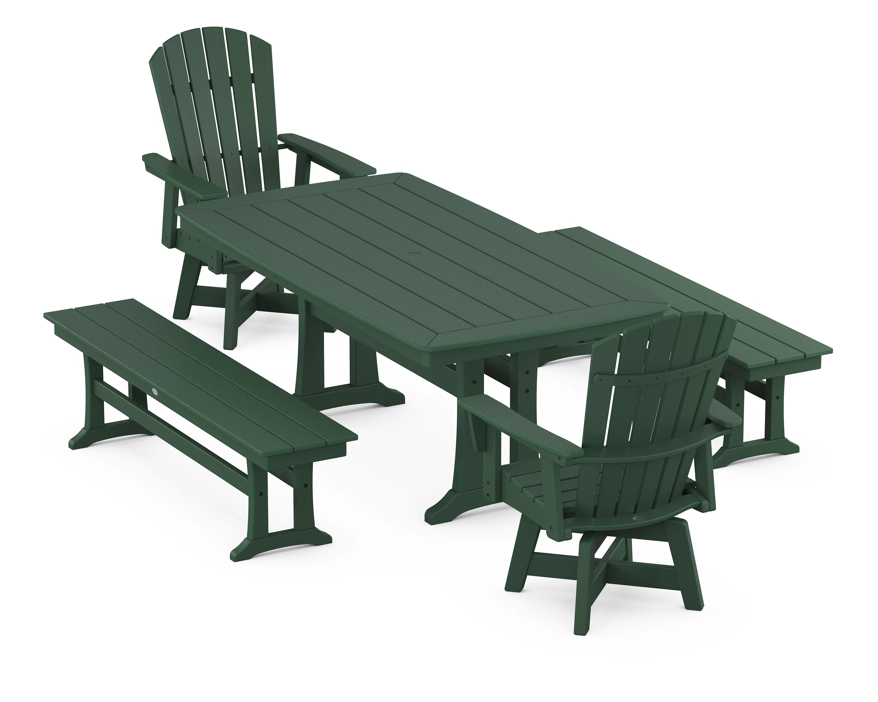 Nautical Curveback Adirondack Swivel Chair 5-Piece Dining Set with Trestle Legs and Benches - Image 11
