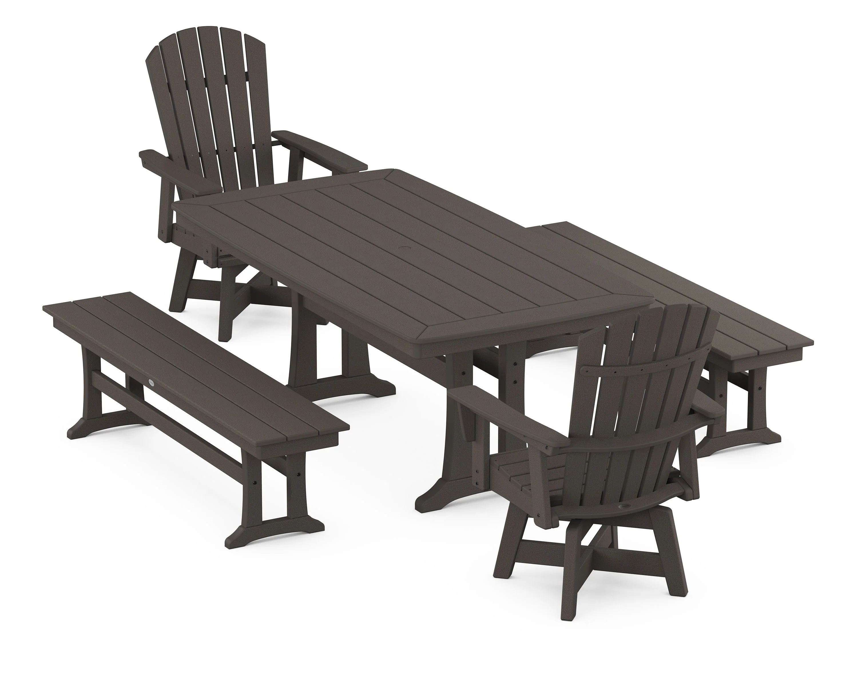 Nautical Curveback Adirondack Swivel Chair 5-Piece Dining Set with Trestle Legs and Benches - Image 12