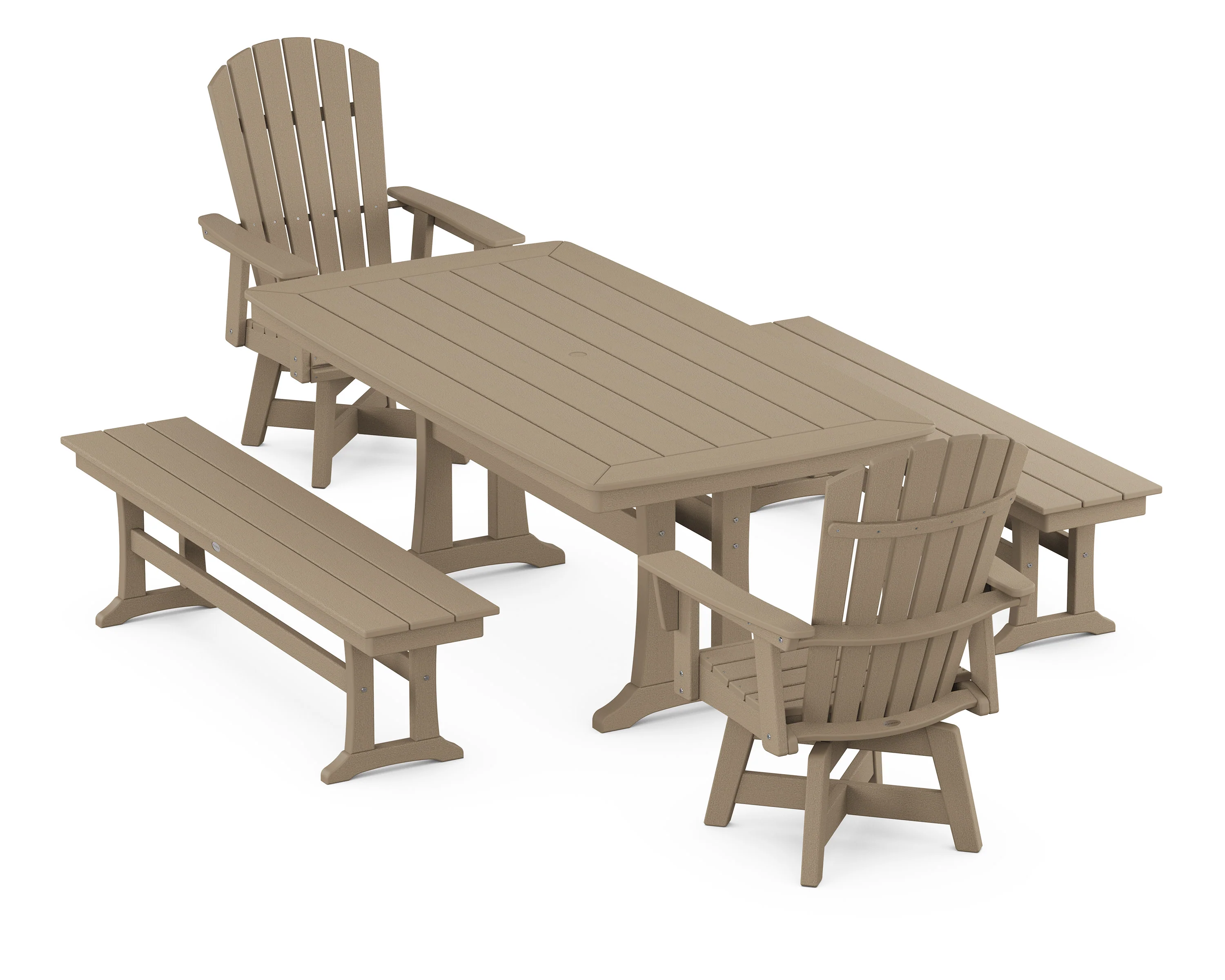 Nautical Curveback Adirondack Swivel Chair 5-Piece Dining Set with Trestle Legs and Benches - Image 4