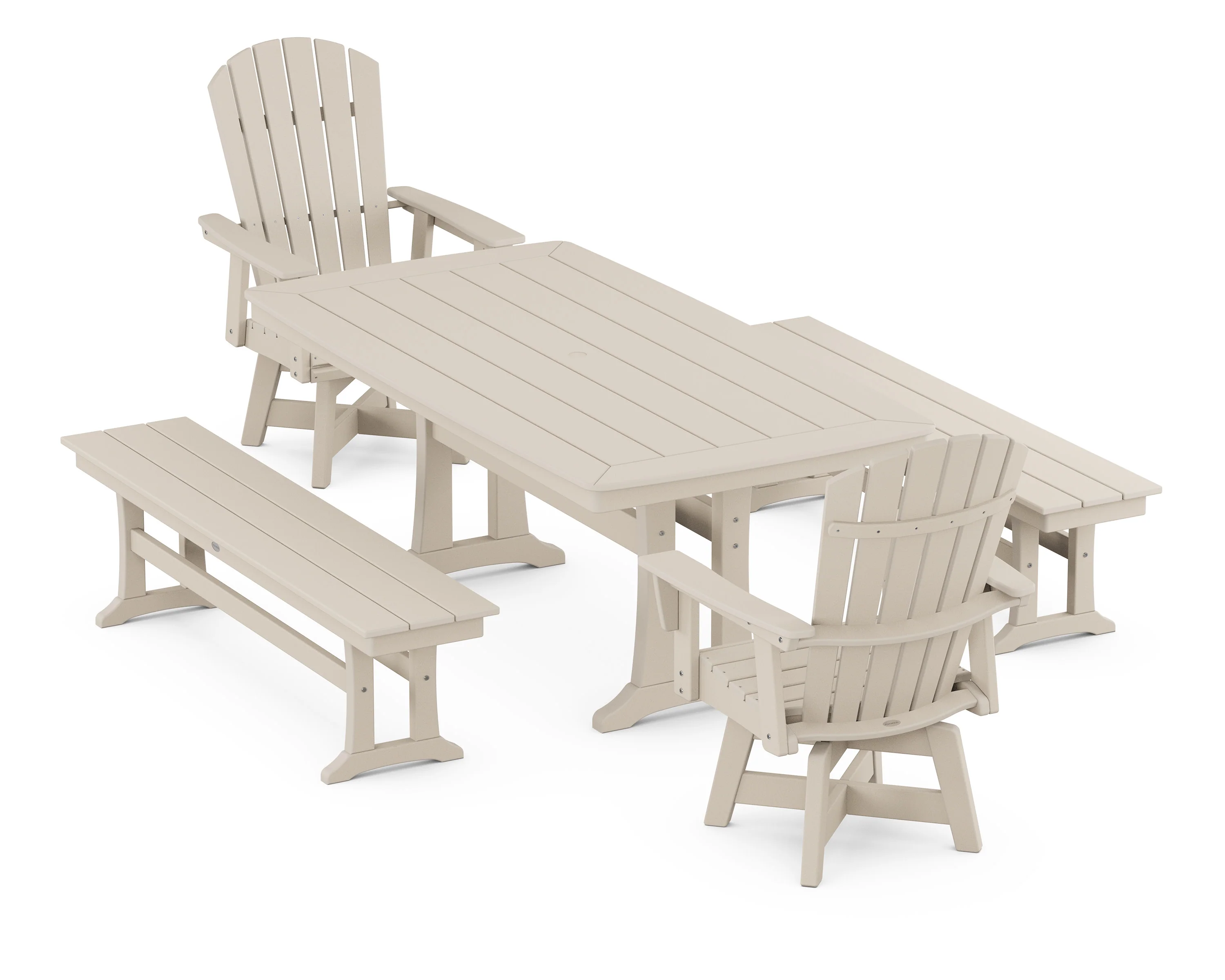 Nautical Curveback Adirondack Swivel Chair 5-Piece Dining Set with Trestle Legs and Benches - Image 5