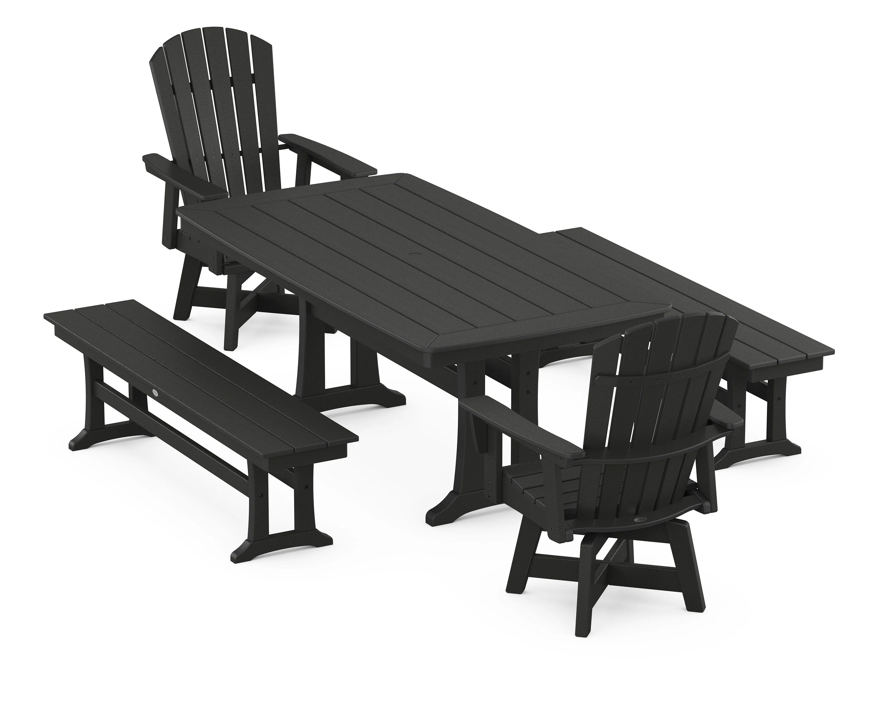 Nautical Curveback Adirondack Swivel Chair 5-Piece Dining Set with Trestle Legs and Benches - Image 6
