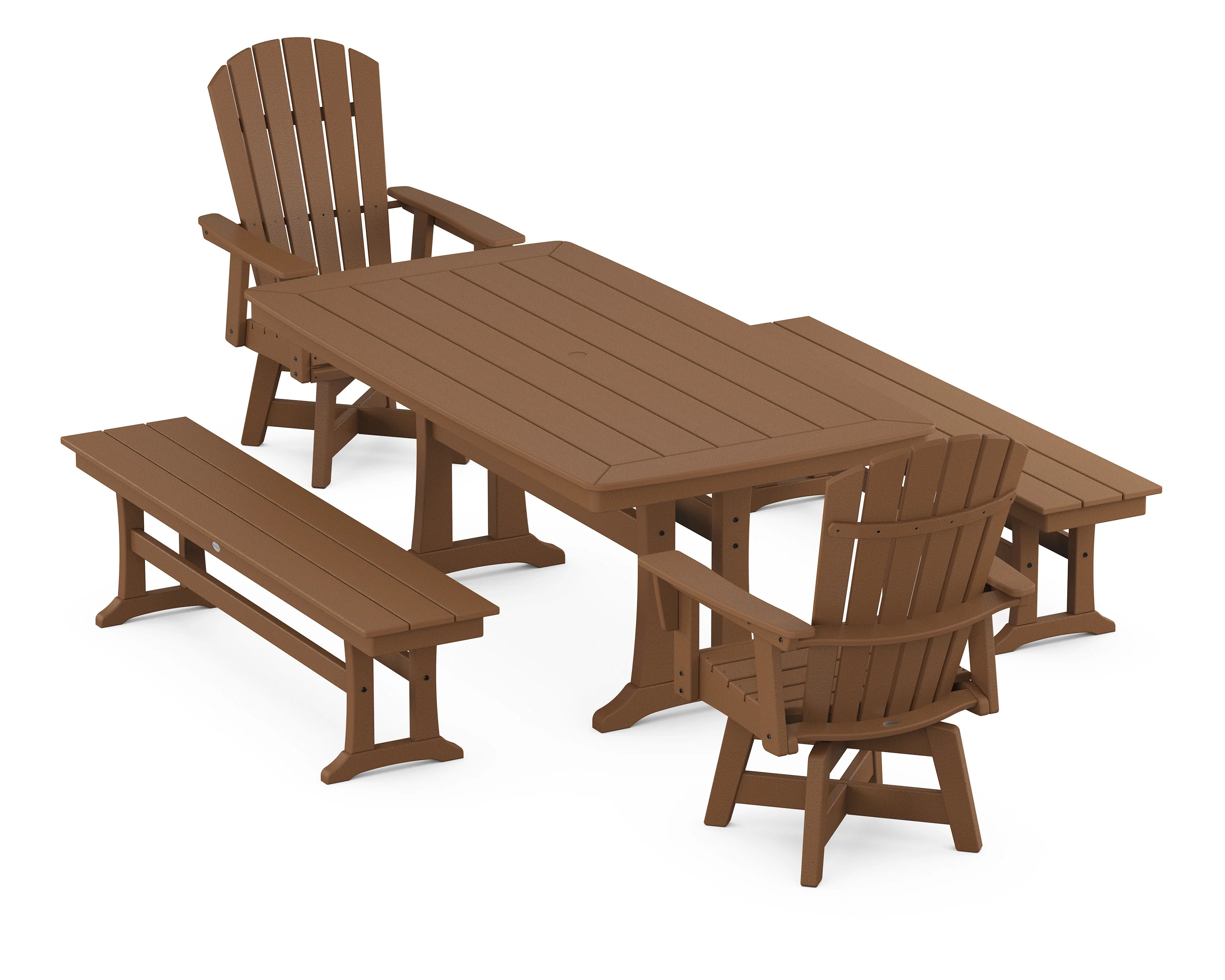 Nautical Curveback Adirondack Swivel Chair 5-Piece Dining Set with Trestle Legs and Benches - Image 7