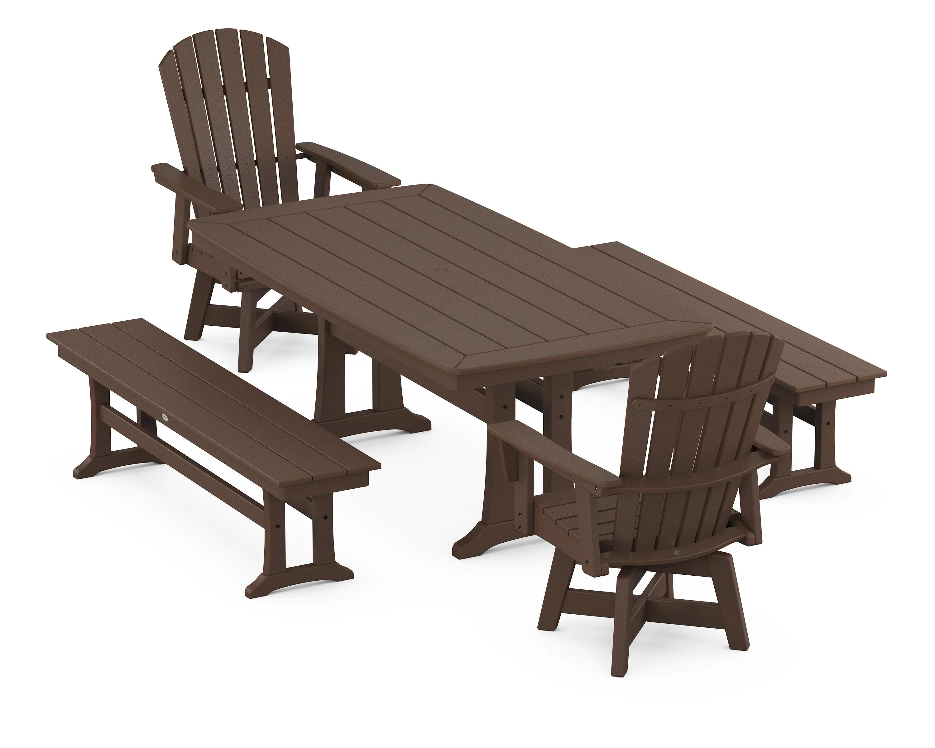 Nautical Curveback Adirondack Swivel Chair 5-Piece Dining Set with Trestle Legs and Benches - Image 8
