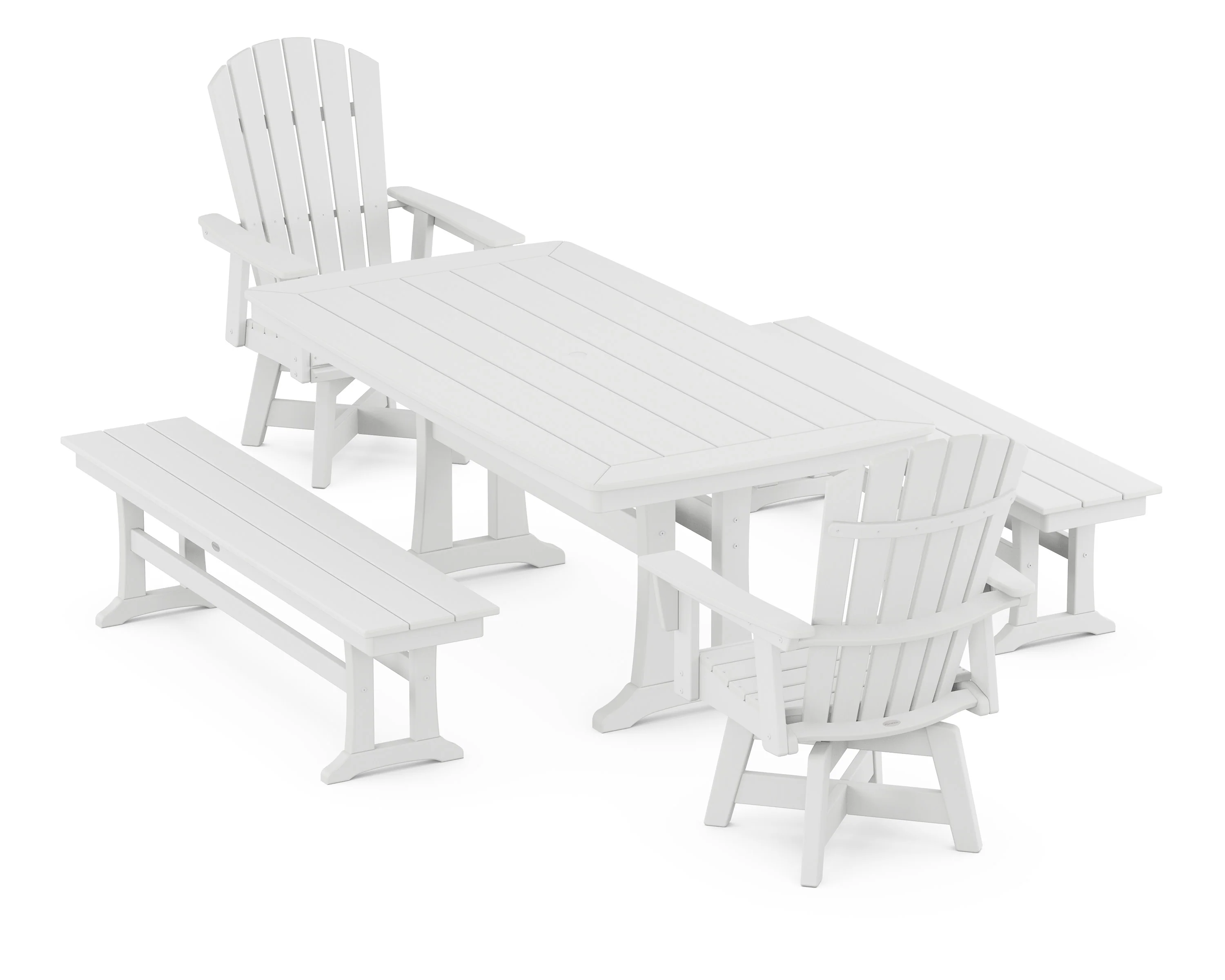 Nautical Curveback Adirondack Swivel Chair 5-Piece Dining Set with Trestle Legs and Benches - Image 9