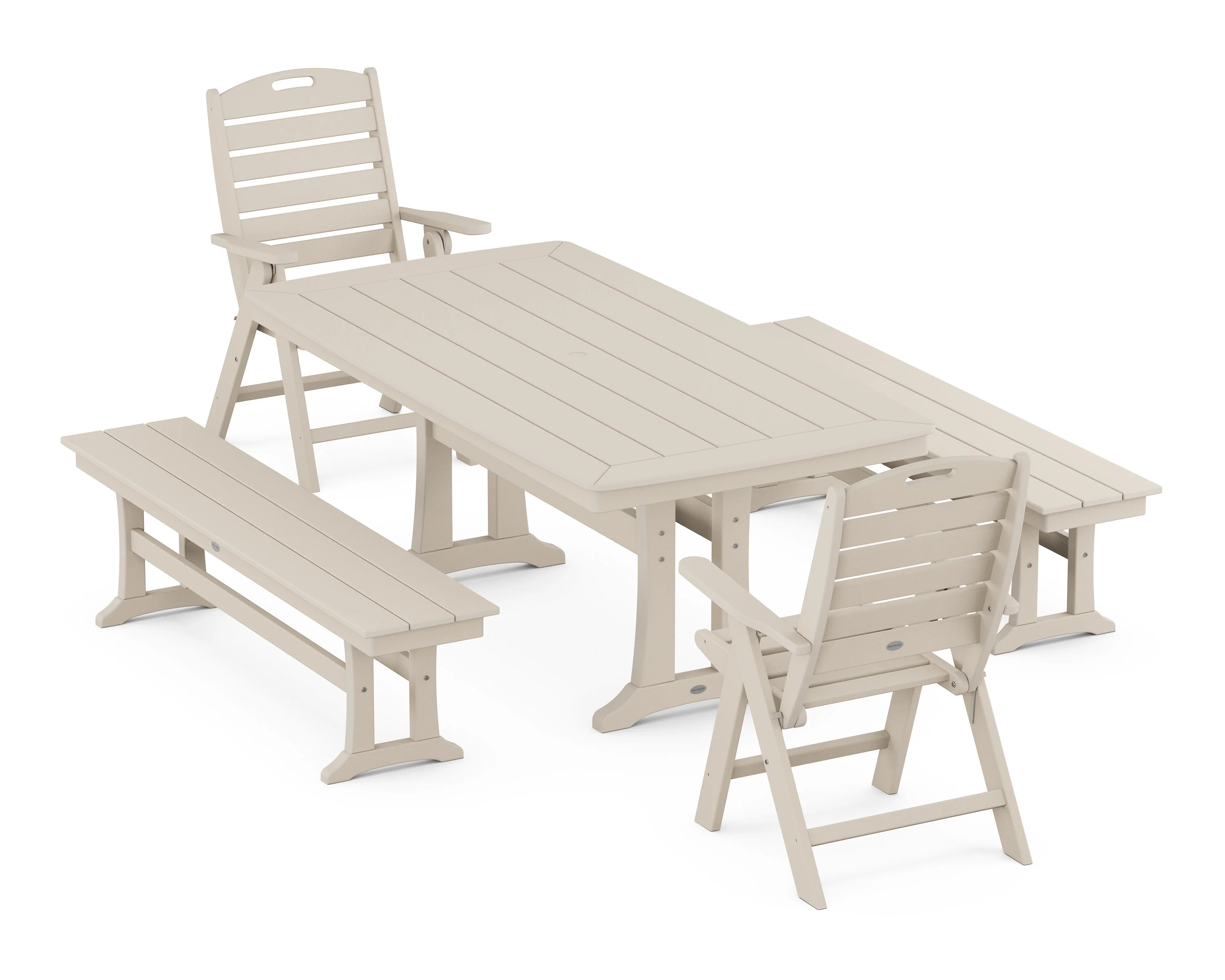 Nautical Folding Highback Chair 5-Piece Dining Set with Trestle Legs and Benches - Image 5