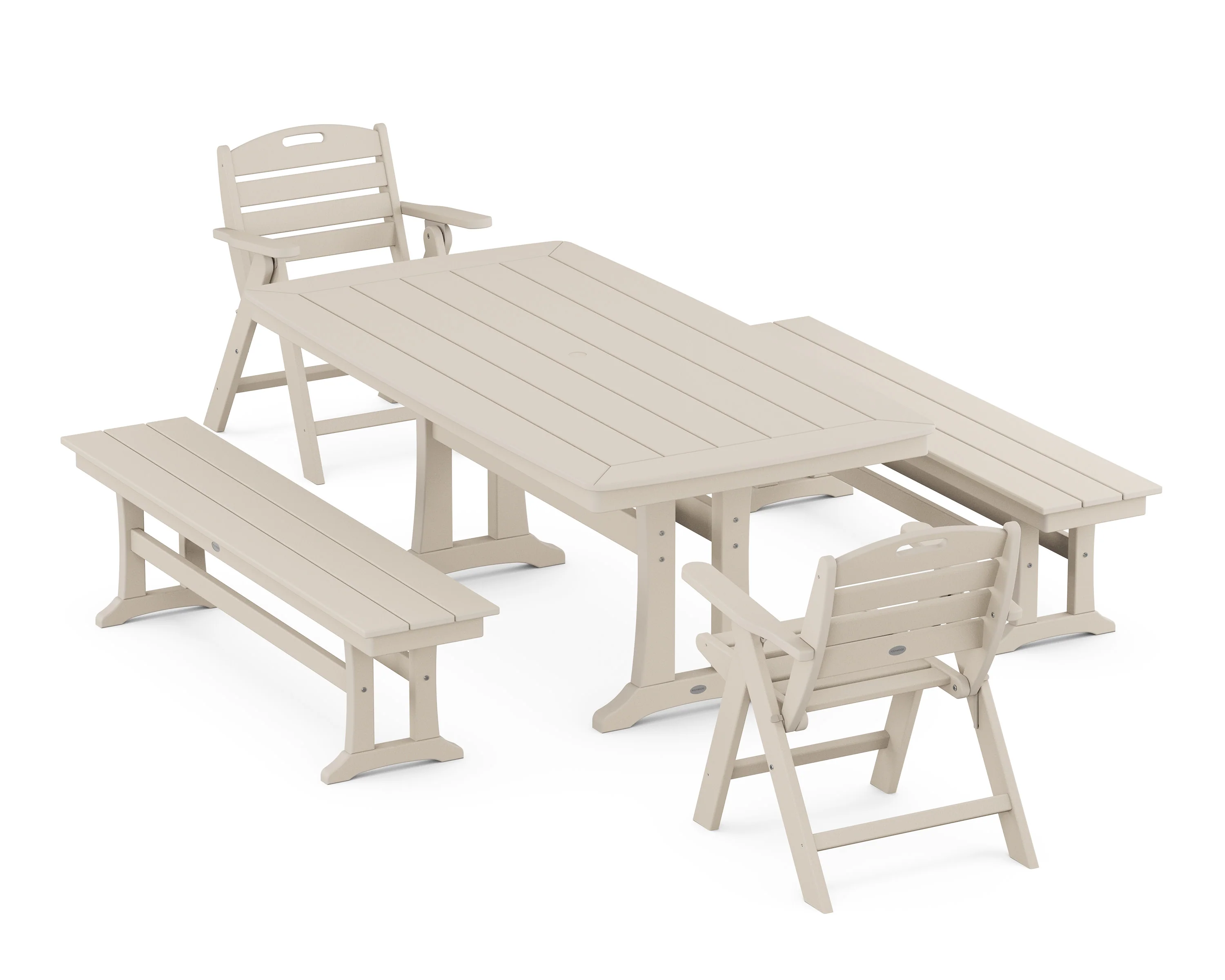 Nautical Folding Lowback Chair 5-Piece Dining Set with Trestle Legs and Benches - Image 5