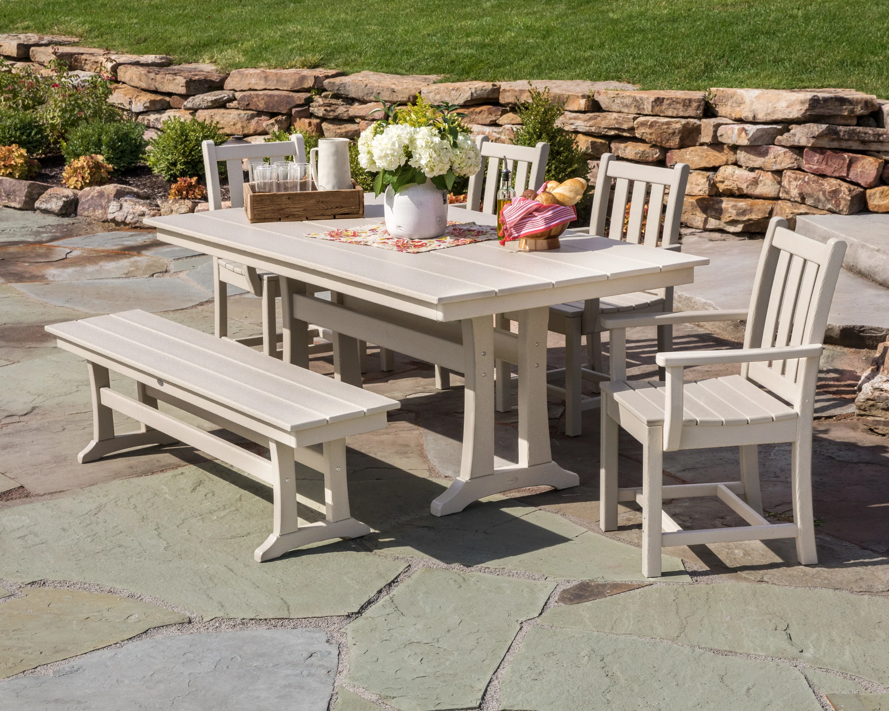 Traditional Garden Arm Chair 6-Piece Farmhouse Dining Set with Trestle Legs and Bench - Image 3