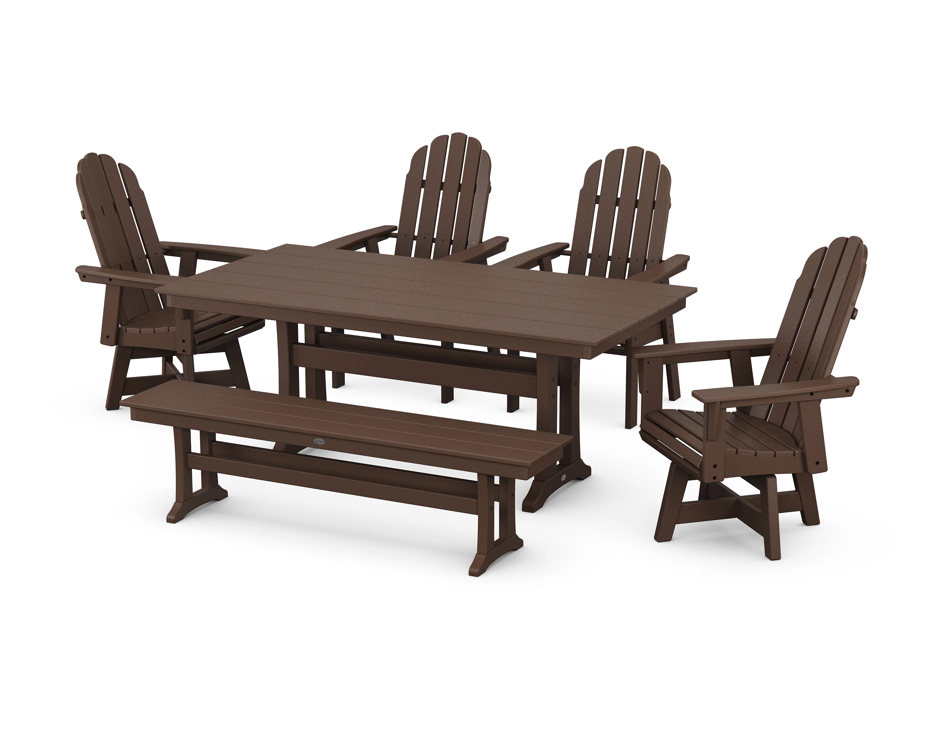 Vineyard Curveback Adirondack 6-Piece Swivel Chair Farmhouse Dining Set with Trestle Legs and Bench - Image 11