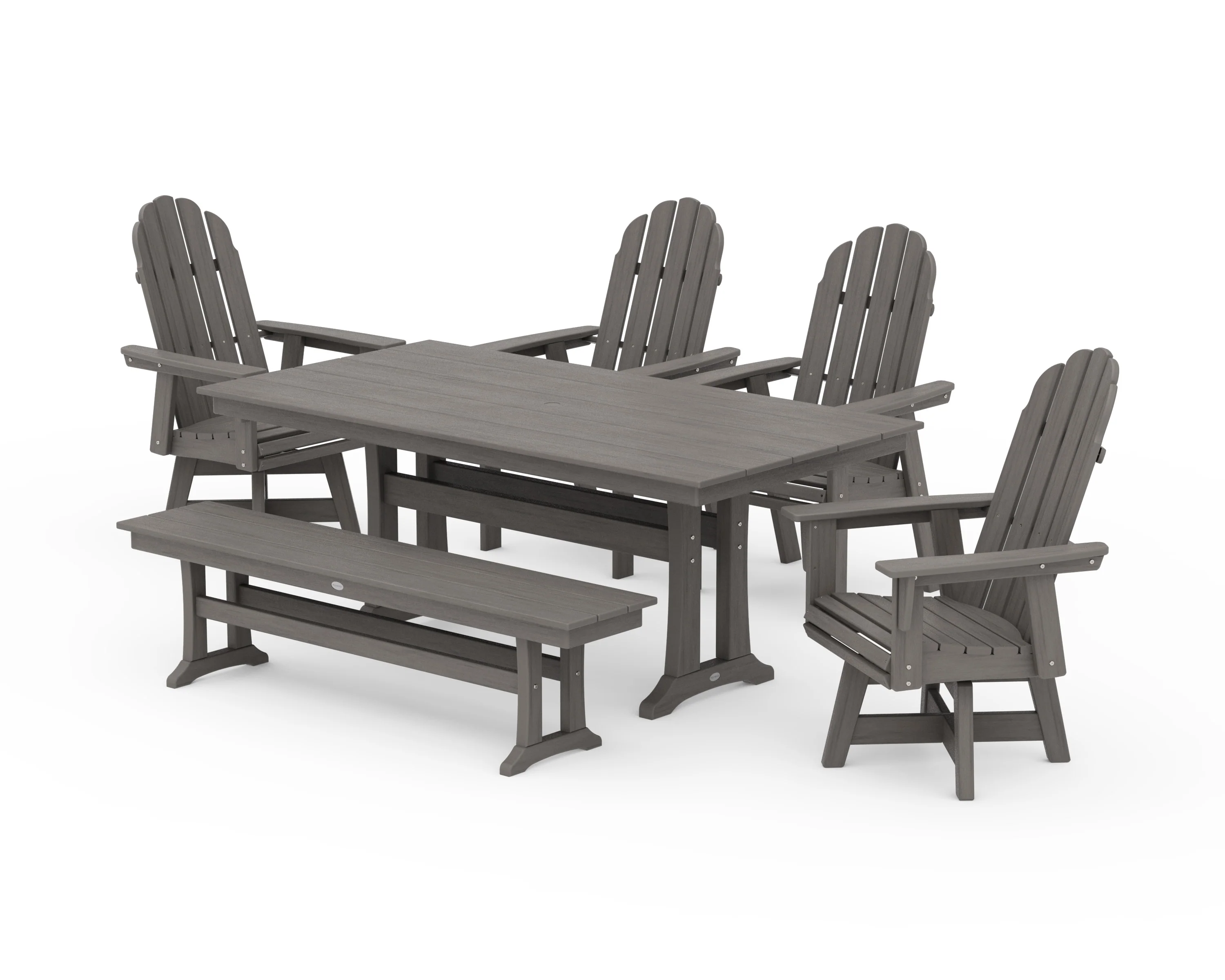 Vineyard Curveback Adirondack 6-Piece Swivel Chair Farmhouse Dining Set with Trestle Legs and Bench - Image 14