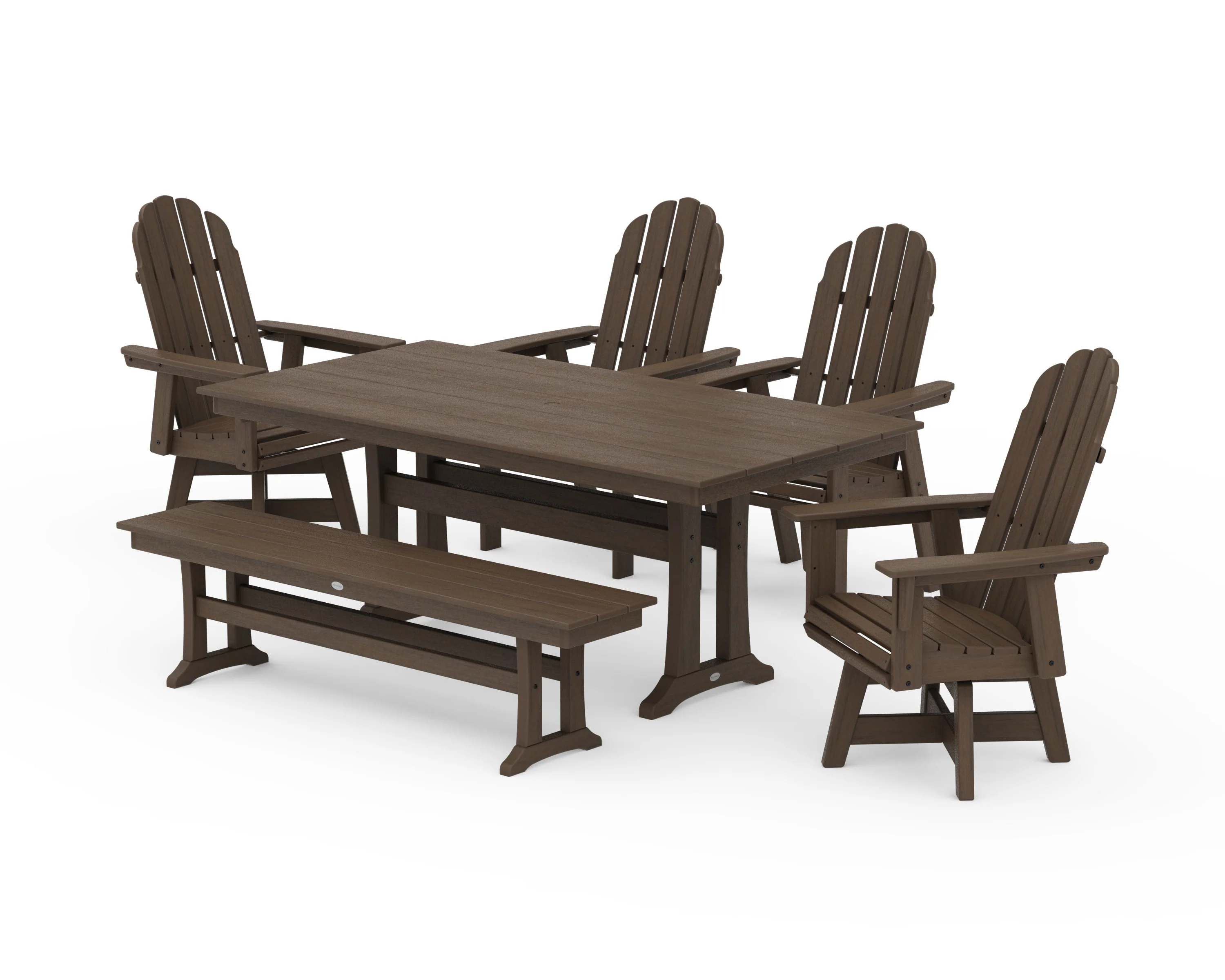 Vineyard Curveback Adirondack 6-Piece Swivel Chair Farmhouse Dining Set with Trestle Legs and Bench - Image 15
