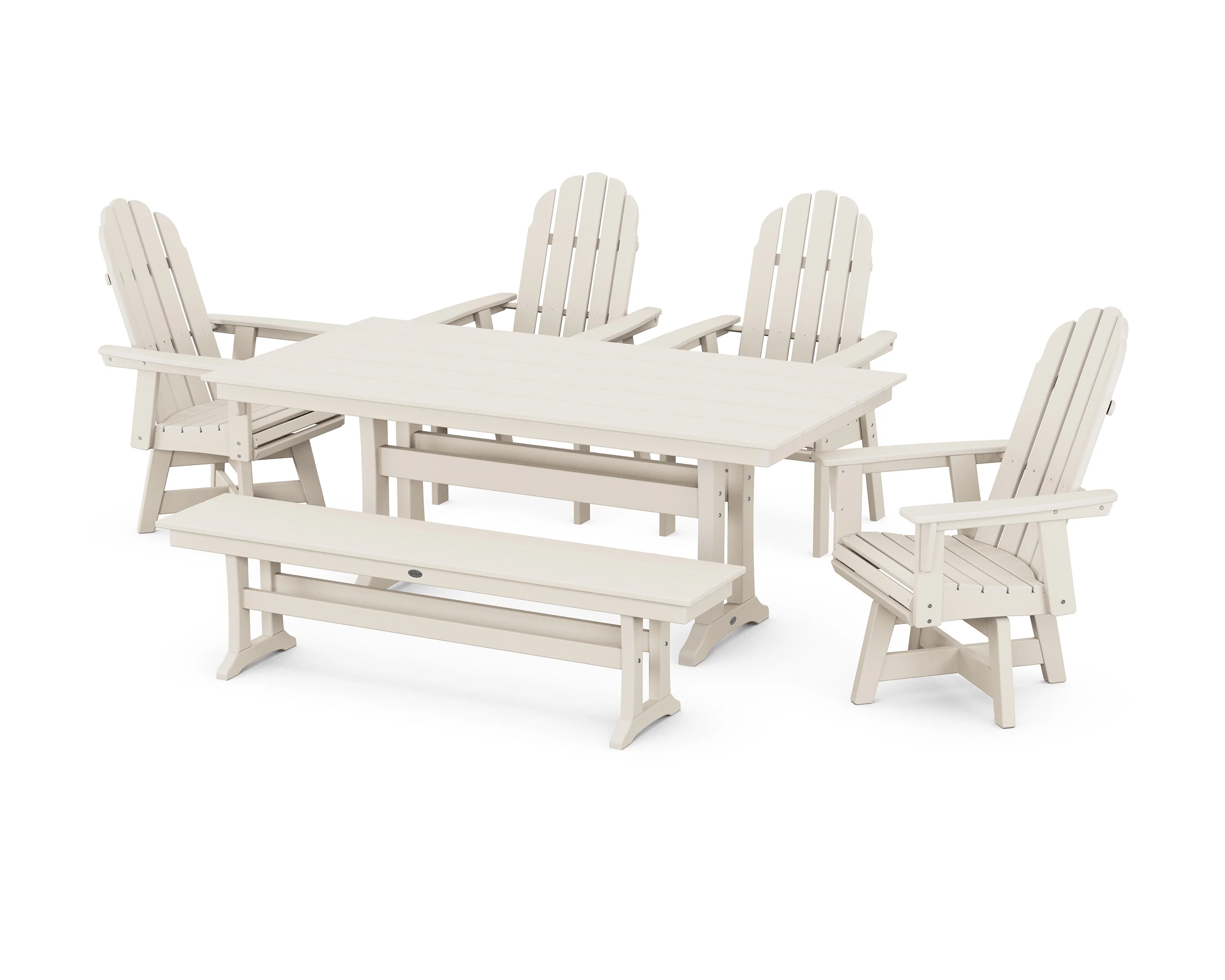Vineyard Curveback Adirondack 6-Piece Swivel Chair Farmhouse Dining Set with Trestle Legs and Bench - Image 7