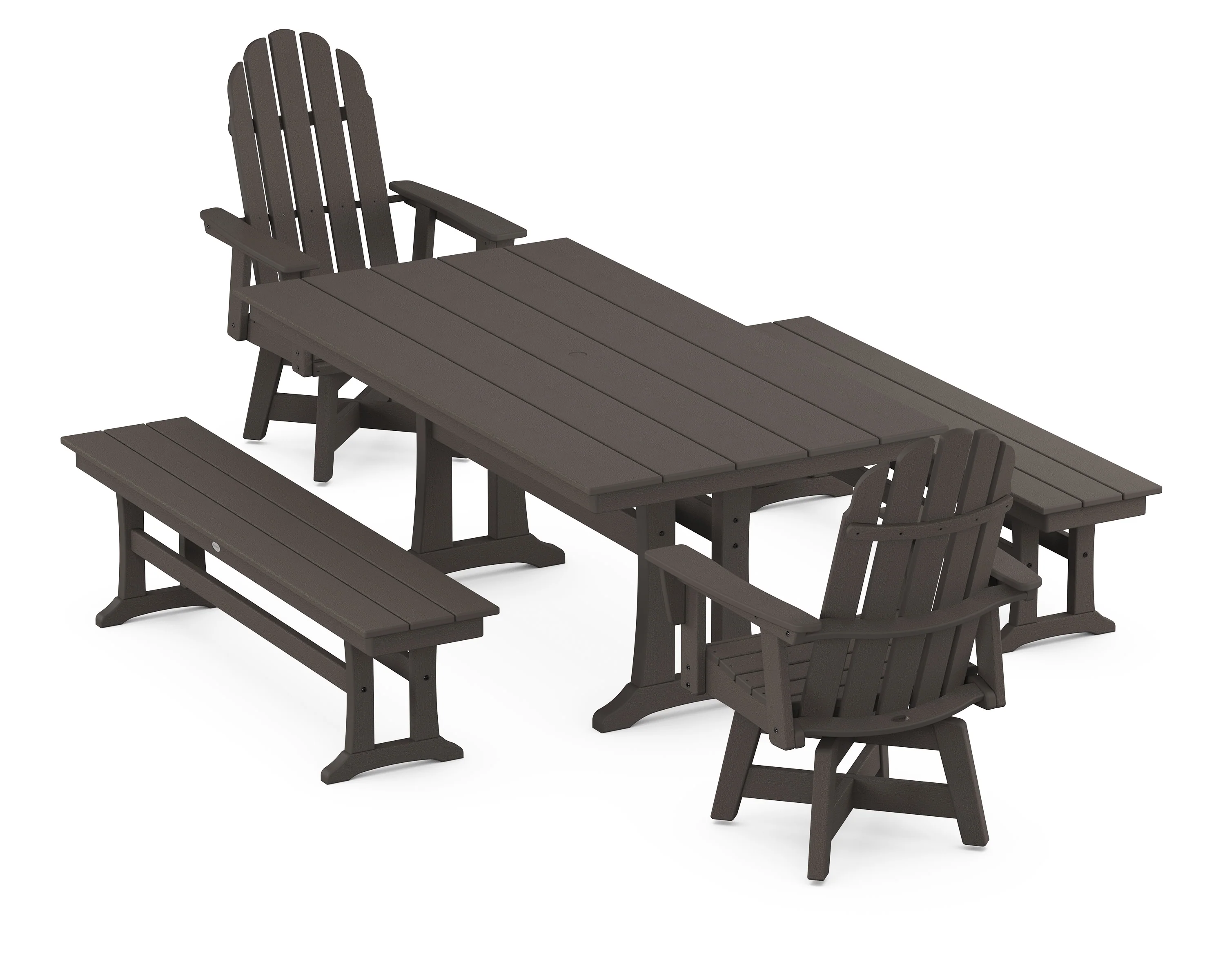 Vineyard Curveback Adirondack Swivel Chair 5-Piece Farmhouse Dining Set With Trestle Legs and Benches - Image 11