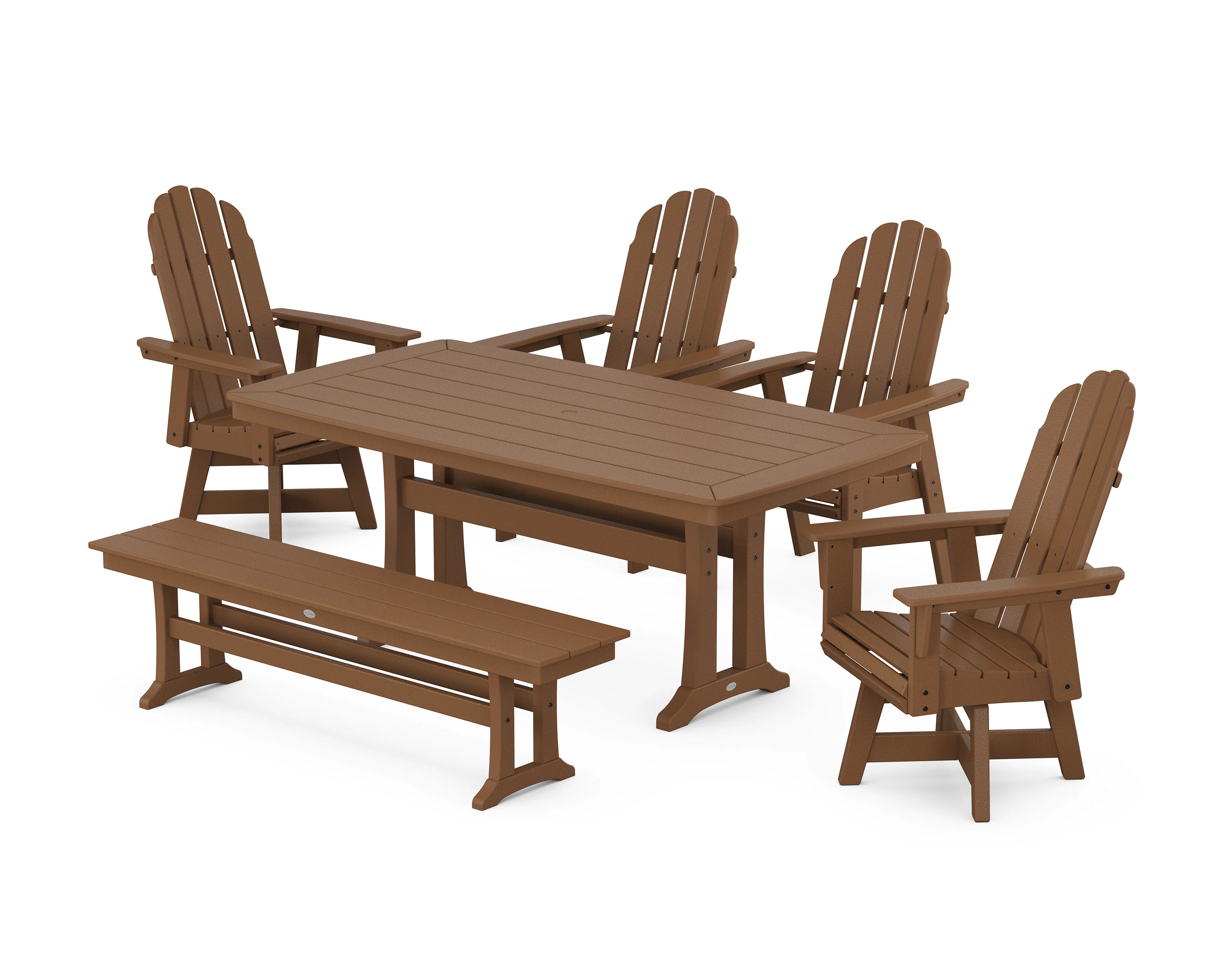 Vineyard Curveback Adirondack Swivel Chair 6-Piece Dining Set with Trestle Legs and Bench - Image 9