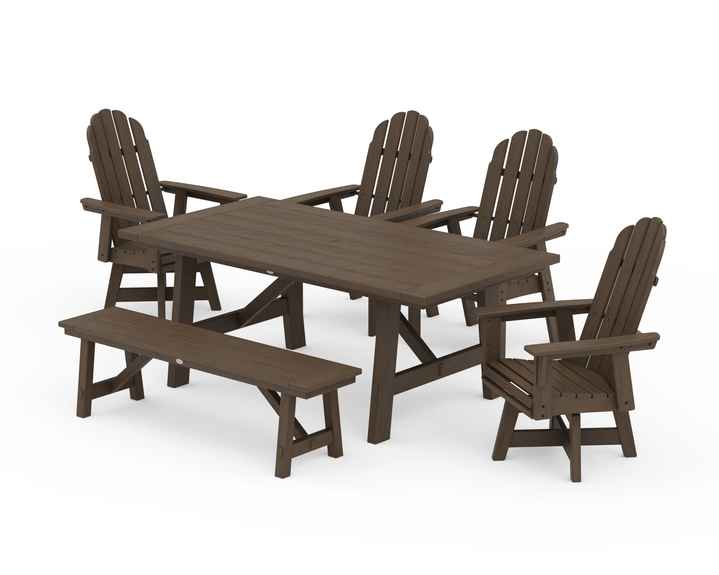 Vineyard Curveback Adirondack Swivel Chair 6-Piece Rustic Farmhouse Dining Set With Bench - Image 15