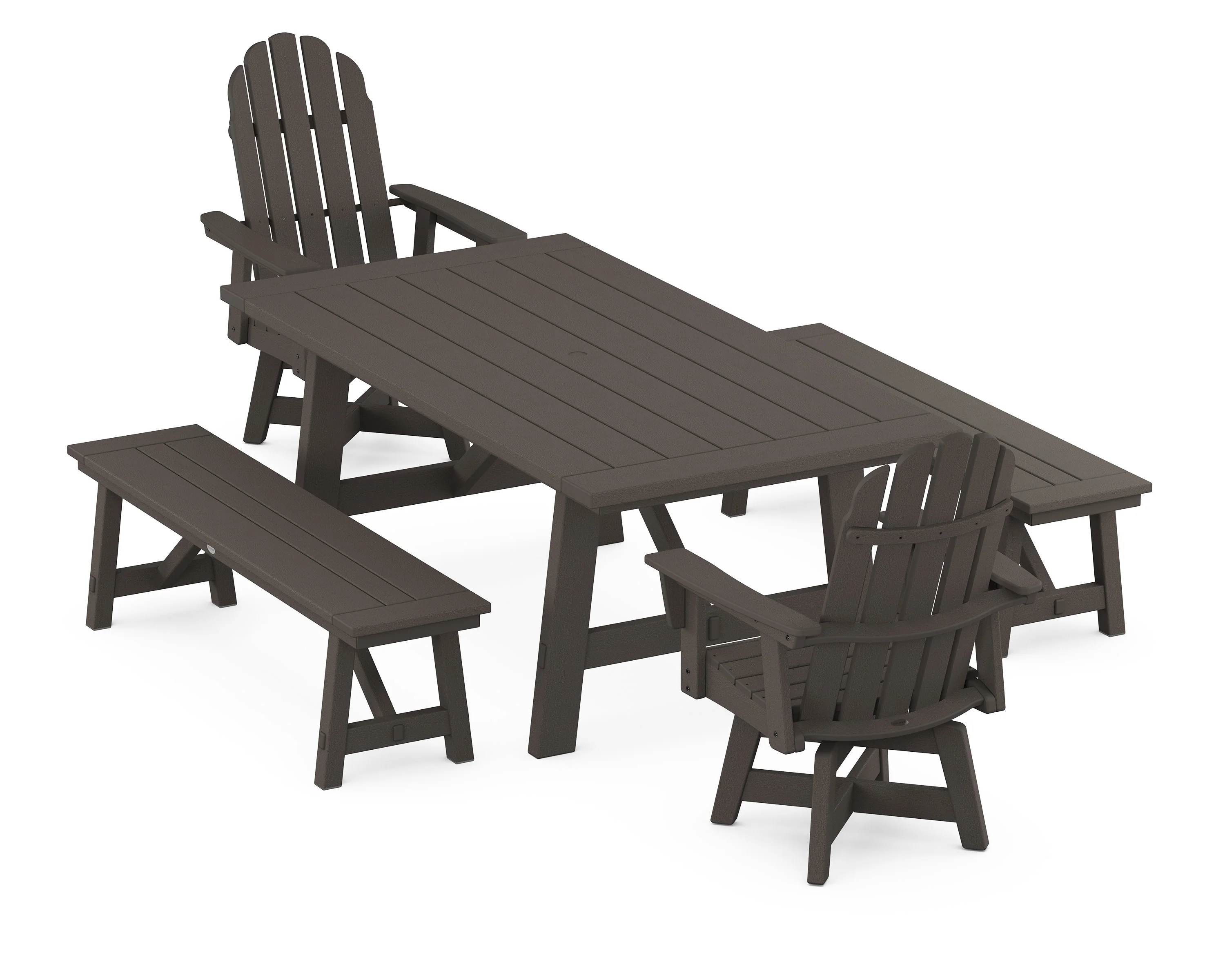 VineyardCurveback Adirondack Swivel Chair 5-Piece Rustic Farmhouse Dining Set With Benches - Image 12