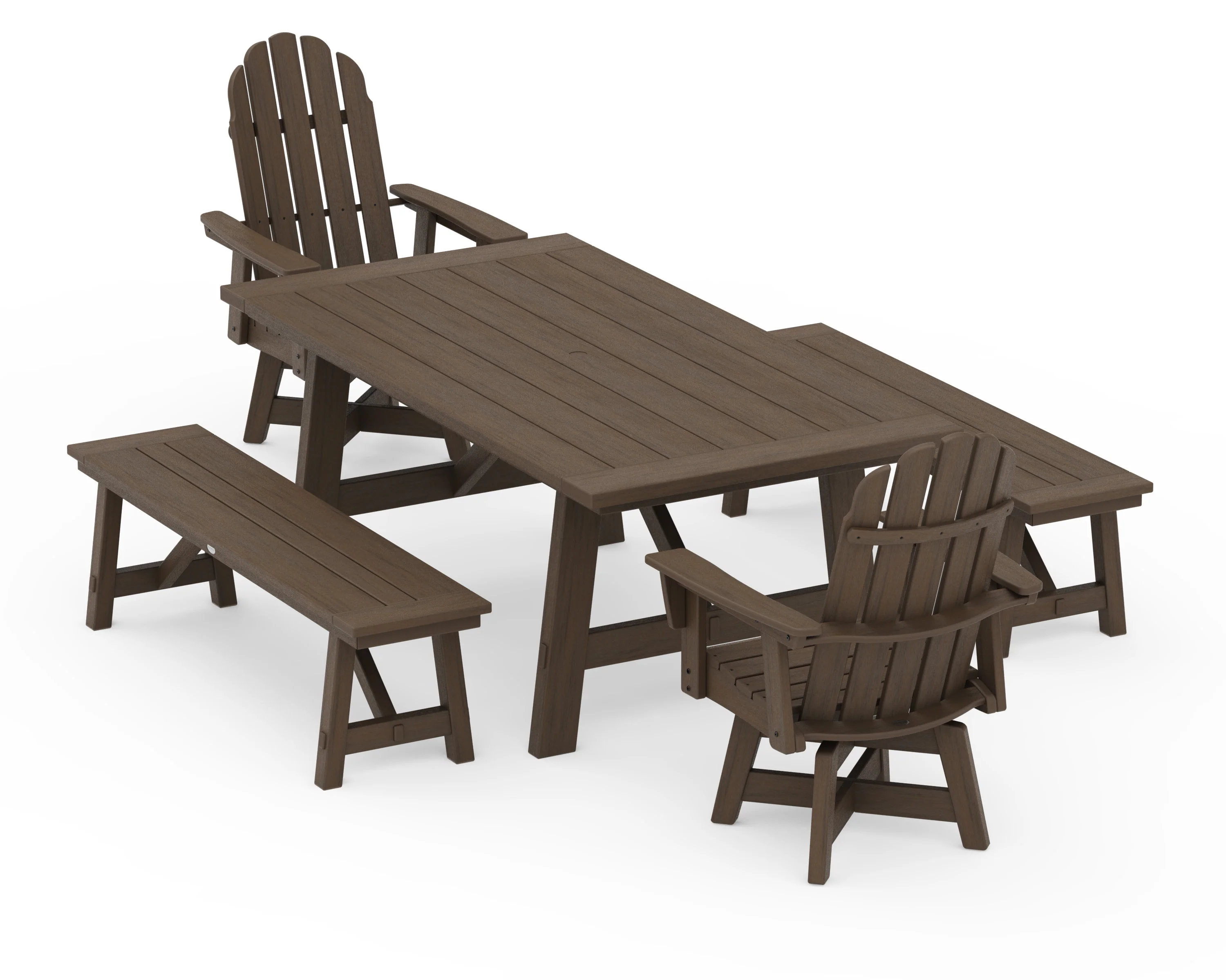 VineyardCurveback Adirondack Swivel Chair 5-Piece Rustic Farmhouse Dining Set With Benches - Image 15